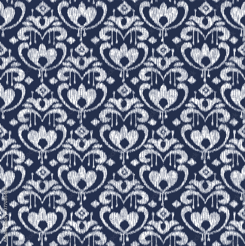 Distressed ikat medieval damask pattern seamless vector background tiles.