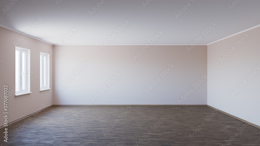 Fototapeta premium Empty Interior with Parquet Floor, Two Plastic Windows, Beige Walls and Wooden Plinth, 3d render