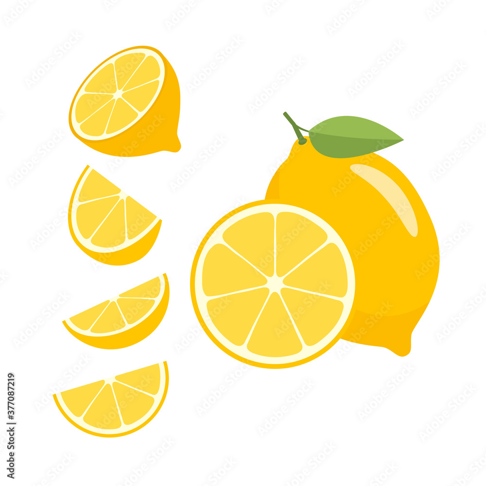 Lemon and sliced pieces on a white plate. Ripe and fresh fruit. Lemon icon and logo. Lemon and sliced pieces on a white plate. Ripe and fresh fruit. Lemon icon and logo.