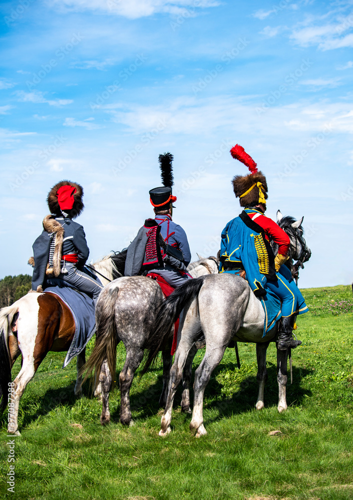 horsemen of the reconstruction of the war of 1812 at the site of the Battle of Borodino horsemen of the reconstruction of the war of 1812 at the site of the Battle of Borodino
