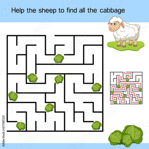 Help the sheep to find the cabbages. Funny maze and cute cartoon character lamb isolated on colorful background. One entrance. Logic Labyrinth for kids with Solution. Education Games conundrum.