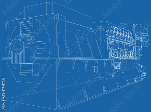 Generator. Diesel and gas industrial electric generator. The layers of visible and invisible lines are separated. Wire-frame outline.