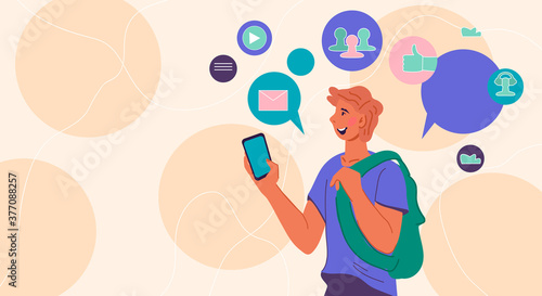 Concept of social networking and online wireless connection via internet with man character making video call. Online  virtual communication with phone apps, flat vector illustration.
