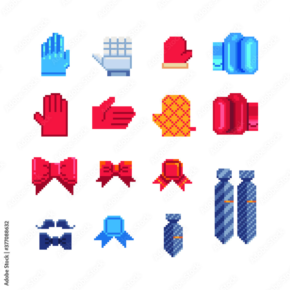 Fashion pixel art set. Clothes, boxing glove mitten and tie. Isolated