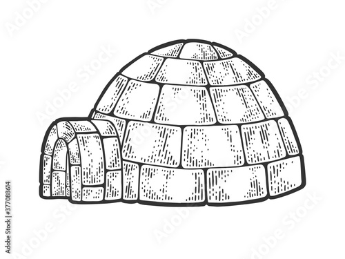 Igloo snow hut house sketch engraving vector illustration. T-shirt apparel print design. Scratch board imitation. Black and white hand drawn image.