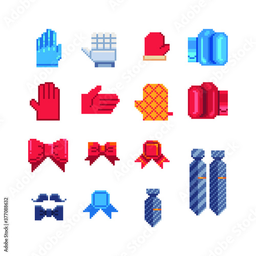 Fashion pixel art set. Clothes, boxing glove mitten and tie. Isolated vector illustration. Game assets 8-bit sprite. Design for stickers, web, mobile app.