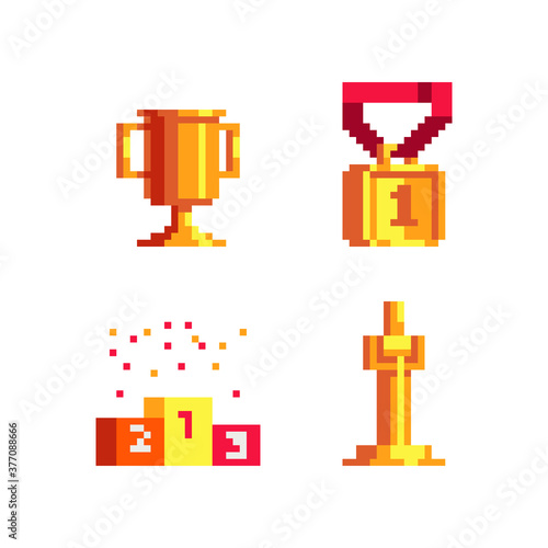 Winner's trophy award pixel art icon set, golden goblet and medal first place. Winners podium. Sport competitions. Isolated vector illustration. Design logo, sticker and mobile app.