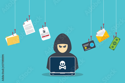 Hacker with laptop computer stealing confidential data, personal information and credit card detail. Hacking concept.	