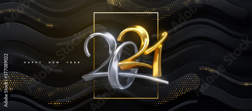 Elegant numbers 2021. Holiday vector illustration. Golden and silver characters. Modern 3d calligraphy on black papercut background with glitters. Happy New 2021 Year. Festive banner or sign design.