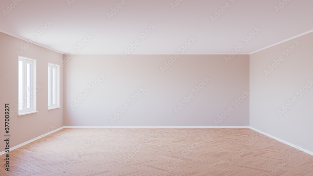 Obraz premium Empty Interior with Parquet Floor, Two Windows, Beige Walls and White Plinth, 3d render 