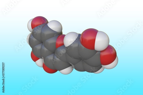 Molecular structure of flavonoid luteolin. Atoms are represented as spheres with color coding: carbon (grey), oxygen (red), hydrogen (white). Scientific background. 3d illustration photo