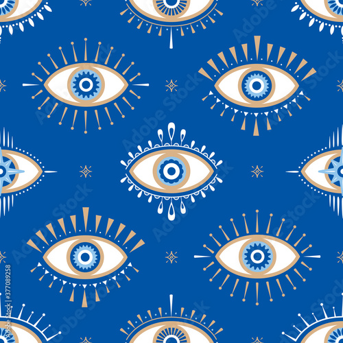 Evil eye vector seamless pattern. Magic, witchcraft, occult symbol, line art collection. Hamsa eye, magical eye, decor element. Blue, white, golden eyes. Fabric, textile, giftware, wallpaper.