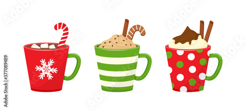 Winter Christmas cups with drinks. Holiday mugs with hot chocolate, cocoa or coffee, and cream. Candy cane, cinnamon sticks, marshmallows. Vector illustration