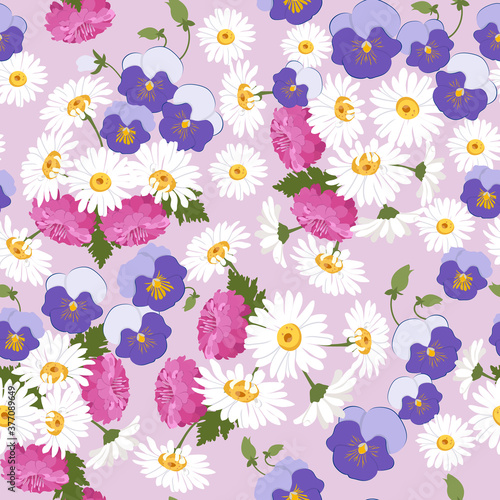 Vector seamless summer illustration with daisies and pansy