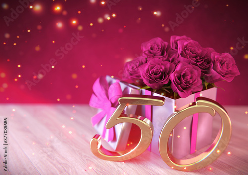 birthday concept with pink roses in gift on wooden desk. fiftieth birthday. 50th. 3D render