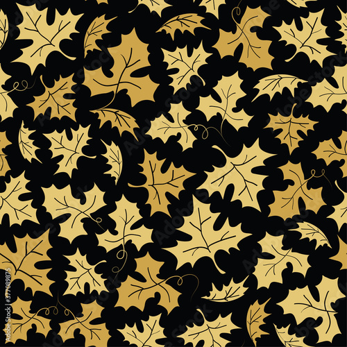 Hand drawn seamless vector pattern with gold pumpkin leaves for fabric, wrapping paper or wallpaper. Autumn background with maple leaves. Holiday Halloween pattern