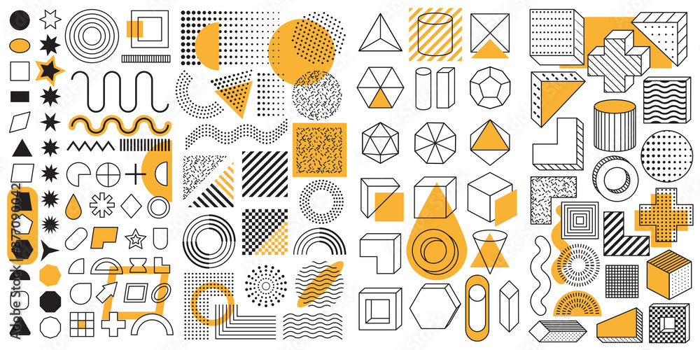 Plakat Set of 100 geometric shapes. Mega set of memphis design elements, template for your project. Collection trendy halftone vector geometric shapes.