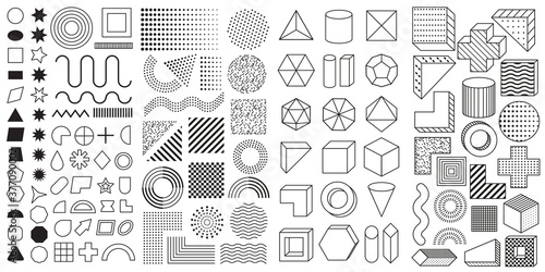 Set of 100 geometric shapes. Mega set of memphis design elements, template for your project. Collection trendy halftone vector geometric shapes.