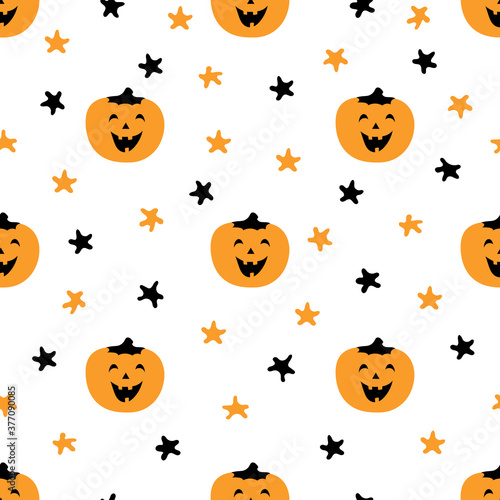 Cute colorful pattern with pumpkin and stars. Halloween vector illustration great for festive background, decoration, cards, wallpaper, digital paper, wrapping, prints, fabrics, textile designs, etc.
