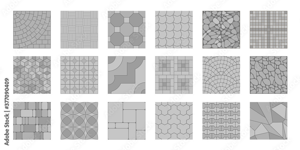 A set of street pavement. Top view. Collection of seamless patterns. Paving slabs. View from above.