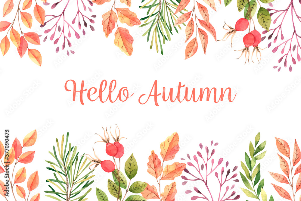 Hand drawn watercolor vector illustrations. Autumn Botanical clipart. Fall leaves, herbs and branches. Floral Design elements. Perfect for invitations, greeting cards, blogs, posters, prints