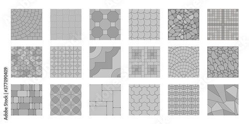 A set of street pavement. Top view. Collection of seamless patterns. Paving slabs. View from above.