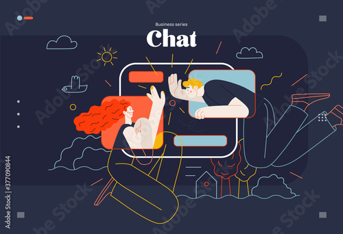 Business topics - chat, web template. Flat style modern outlined vector concept illustration. Tablet screen with messages of chatting couple - young man and woman. Business metaphor.