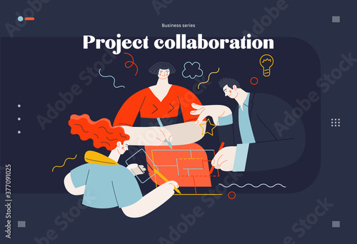 Business topics - project collaboration, web template. Flat style modern outlined vector concept illustration. A group of people working on the project drawing it together. Business metaphor.