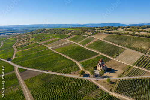 Aerial view of the Kreuzkapelle near Gau-Bickelheim / Germany in Rhineland-Palatinate in the vineyards photo