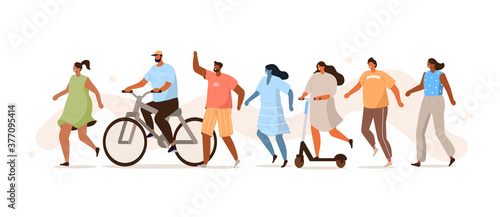 Diverse People Group Running and Jogging. Female and Male Characters Walking, Riding on Bike, Scooter and Standing Together. Young Generation Social Activists. Flat Cartoon Vector Illustration.
