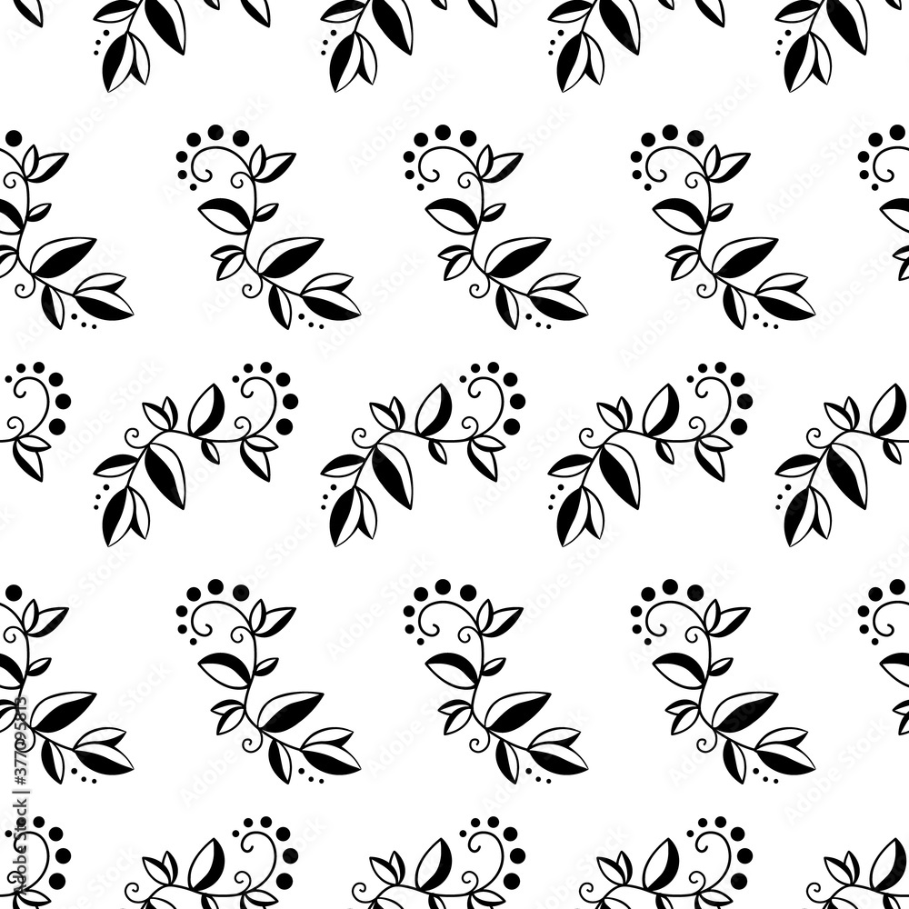 Fototapeta premium Seamless pattern with floral elements. Branch, plant, fower. Botanical endless organic background. Black on white, minimalism. Monochrome. Vector illustration