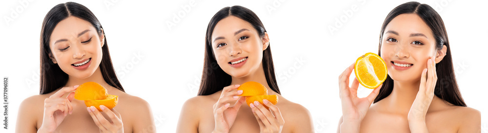 collage of young asian woman holding halves of ripe orange and touching face isolated on white, website header collage of young asian woman holding halves of ripe orange and touching face isolated on white, website header