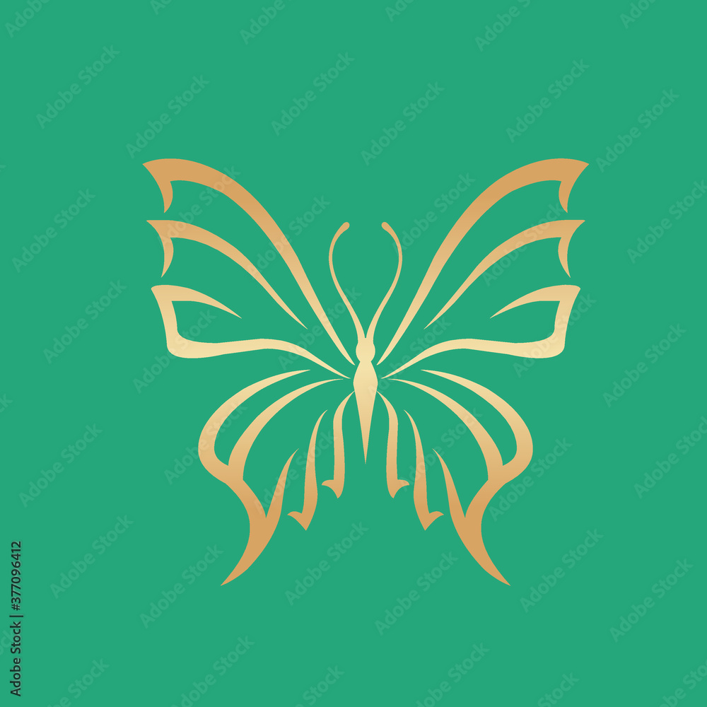 Butterfly logo.Beautiful, decorative icon with ornamental wings.Creative flying shape in golden color isolated on green background.Beauty,spa,fashion,luxury boutique,elegant art style. Butterfly logo.Beautiful, decorative icon with ornamental wings.Creative flying shape in golden color isolated on green background.Beauty,spa,fashion,luxury boutique,elegant art style.