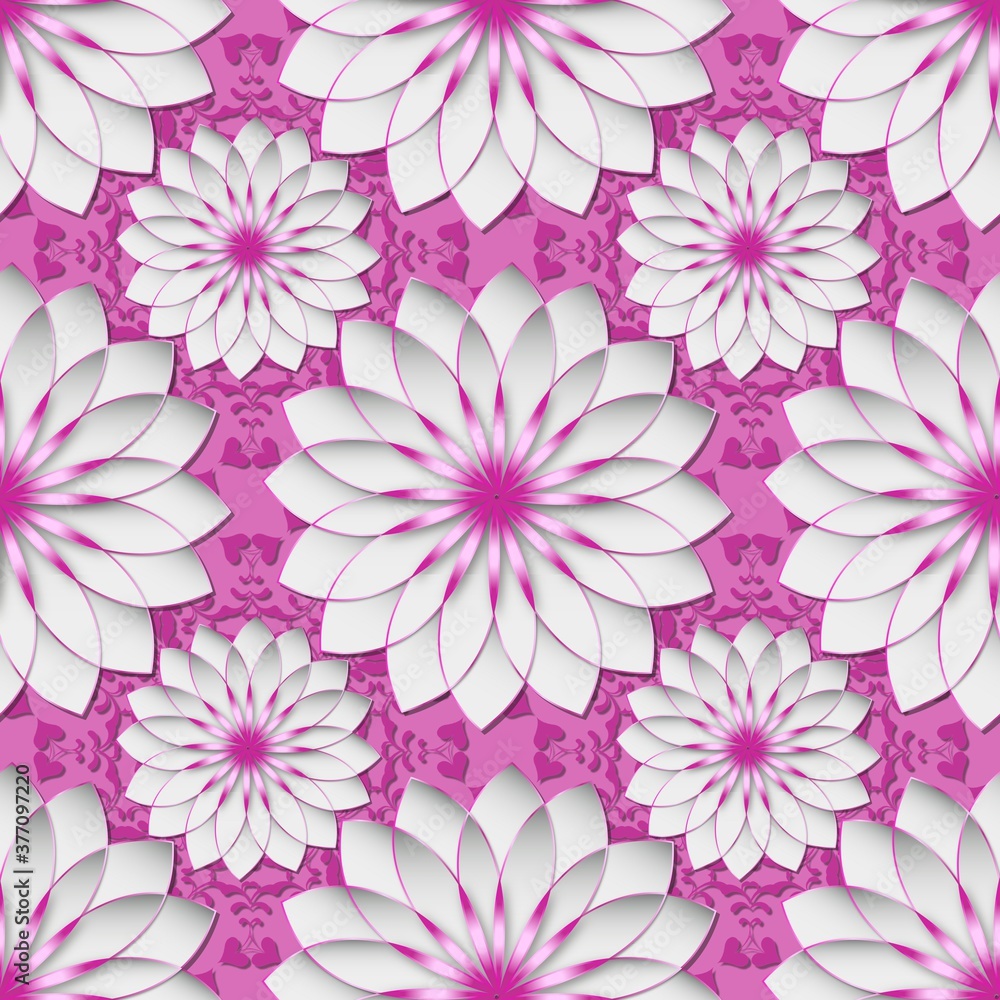 Paper in 3D rendering  in arabic style with flowers in the background. Texture with the design of cut flowers...Paper flowers as an endless background... ..