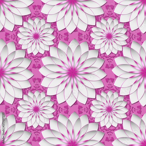 Paper in 3D rendering in arabic style with flowers in the background. Texture with the design of cut flowers...Paper flowers as an endless background... ..