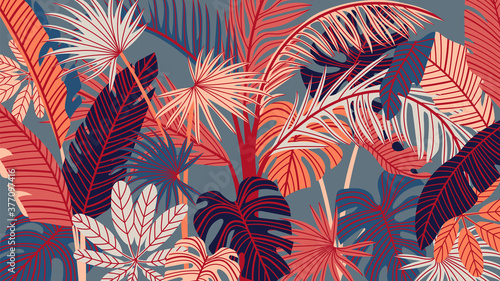 Tropical forest art deco wallpaper. Floral pattern with exotic flowers and leaves, split-leaf Philodendron plant ,monstera plant, Jungle plants line art on trendy background. Vector illustration.