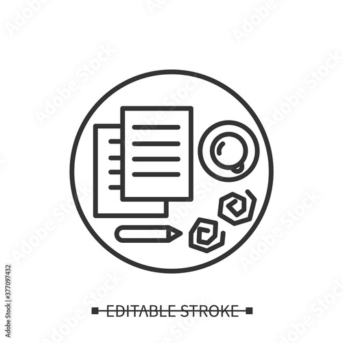 Book writing icon. Creativity process with paper and coffee cup linear pictogram. Concept of poetry, artistic inspiration, creating story plot or screenplay text. Editable stroke vector illustration