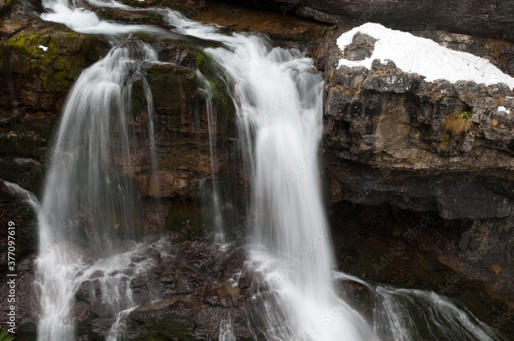 La Cueva waterfalls. Ordesa Valley. Ordesa and Monte Perdido National Park. Pyrenees. Huesca. Aragon. Spain. La Cueva waterfalls. Ordesa Valley. Ordesa and Monte Perdido National Park. Pyrenees. Huesca. Aragon. Spain.