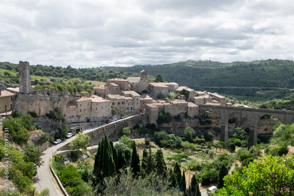 The beautiful panoramic cityscape of Minerve, the most beautiful medieval village of France, located in the picturesque mountain  valley in Pyrenees