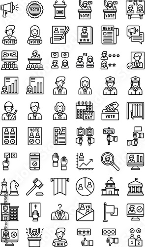 election related megaphone, high court, bank building, speech board, judge, police officers, calendar, banners, hand board, computer, newspaper, envelop, and vote box vector in lineal style,