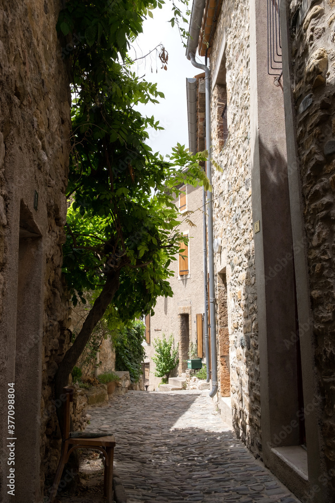 Obraz premium The medieval stone architecture and the old narrow street of Minerve, the most beautiful medieval village of France, located in the picturesque mountain valley in Pyrenees