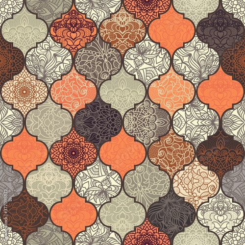 Seamless colorful patchwork with mandala. Islam, Arabic, Indian, ottoman motifs. Vintage pattern can be used for ceramic tile, wallpaper, linoleum, textile, web page background. Vector