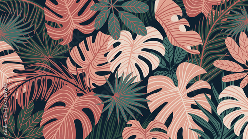 Tropical forest art deco wallpaper. Floral pattern with exotic flowers and leaves, split-leaf Philodendron plant ,monstera plant, Jungle plants line art on trendy background. Vector illustration.