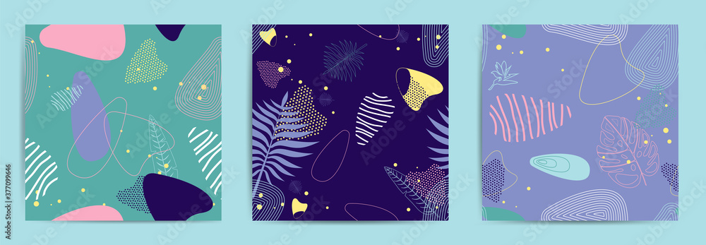 Abstract set of posters with tropical flowers, palm leaves. vector illustration.