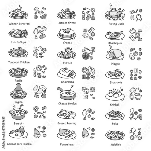 National dishes icons set. Traditional cuisine recipes and ingredients linear pictograms. European, Asian and Eastern gourmet food cooking and restaurant menu illustrations. Editable stroke vectors