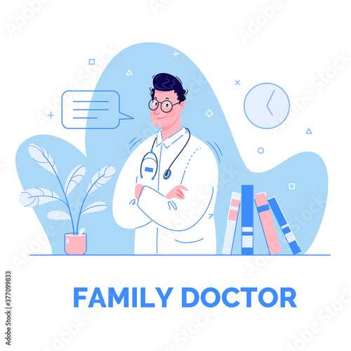 Family doctor raster template. Brochure design, cover, poster layout, flyer for advertising medical services, information for patients.