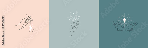 Set of logos of female hands, linear drawing. Vector design templates with different hand gestures, stars and crystals. For cosmetics, beauty, tattoo, astrology, manicure, jewelry store
