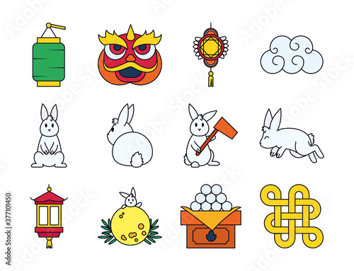icon set of mid autumn and rabbits, line and fill style