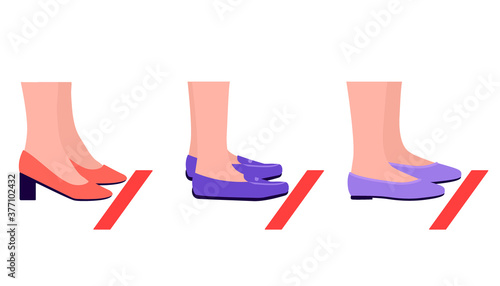 People stand in line behind taped markings for social distance. Legs with shoes and red warning line. Health care concept, preventive measures. Vector illustration