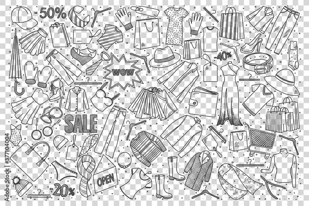 Shopping doodle set. Collection of hand drawn sketches templates patterns of male female clothing outfit at shop on transparent background. Discounts retail and sale illustration